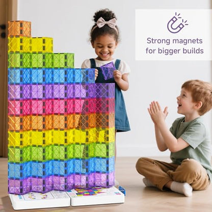 Premium Magnetic Tiles 100pcs: Durable STEM Building Blocks Kids 3-8 | Iron case with handle, lid as play base. 7.5cm tiles, sealed, ASTM & CPSIA safe. Montessori STEM for preschool. Gift 3-8 - size: 100 PCS