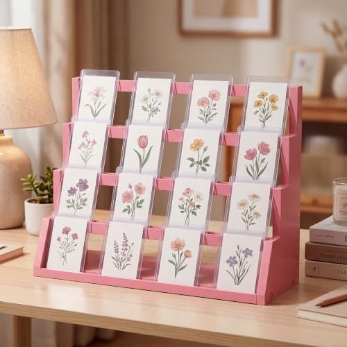 Junkin 4-Tier Pink Wooden Greeting Card Display Stand, Trading Cards Display Cases Tabletop for Idol Game Sports Collection Showcase, Ideal Gift for Card Collectors