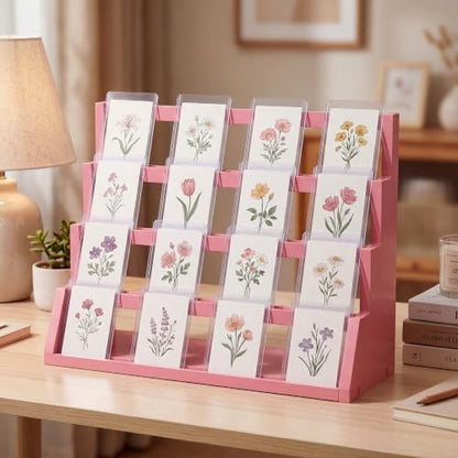 Junkin 4-Tier Pink Wooden Greeting Card Display Stand, Trading Cards Display Cases Tabletop for Idol Game Sports Collection Showcase, Ideal Gift for Card Collectors