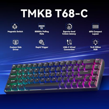 TMKB T68-C HE Hall Effect 60% Gaming Keyboard, 8000Hz, 0.02mm Rapid Trigger | Magnetic Switches, Adjustable Actuation, Web Driver, RGB Backlight, Wired, Gift for Teens, Students and FPS Gamers
