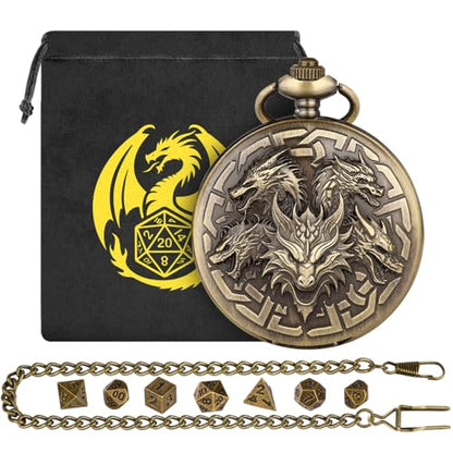 Mini DND Dice Set with Retro Five Dragon Heads Pocket Watch Shell Case, DND Starter Set, 7pcs Polyhedral Mini Metal Dice Set, D&D Gifts with Gift Box, Role Playing Board Game Accessories, Bronze - color: Bronze