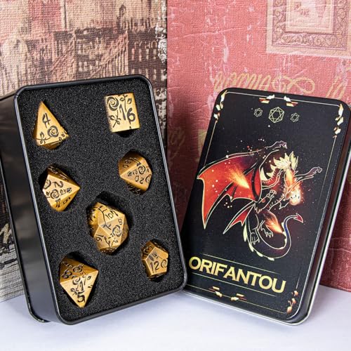 Gothic DND Dice Set Bleeding Rose Metal D and D Dice for use with Dungeons Dragons D&D Role Playing Game, Antique Gold RPG Blood Polyhedral Dice Set D20 D12 D10 D8 D6 D4 - color: Antique Gold