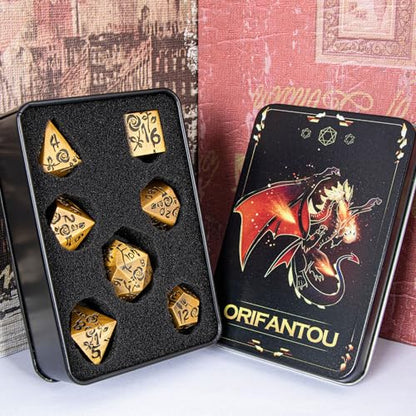 Gothic DND Dice Set Bleeding Rose Metal D and D Dice for use with Dungeons Dragons D&D Role Playing Game, Antique Gold RPG Blood Polyhedral Dice Set D20 D12 D10 D8 D6 D4 - color: Antique Gold