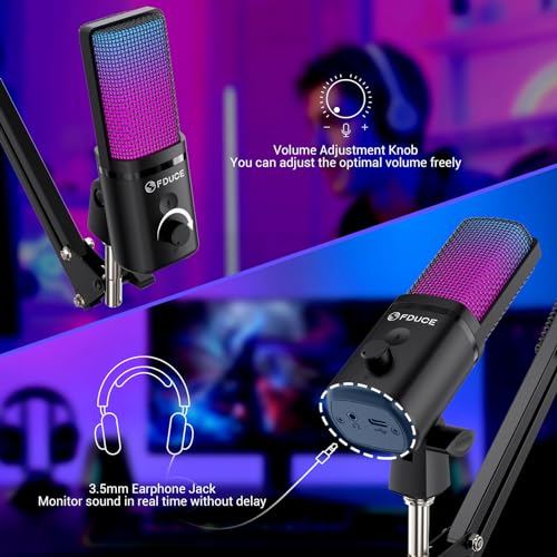 Gaming USB Microphone, RGB Condenser mic with Mute, Gain, Monitoring, Boom Arm for Streaming, Podcast, Twitch, YouTube, PC, Computer, PS5, (M160+) - style: Mic with Boom Arm
