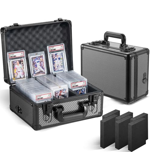 Graded Card Storage Box, 3 Row Carbon Hard Slab Case Trading Card Holder | Aluminum frame, steel corners, fits 84 PSA or 300 toploaders, custom EVA foam, lock and key, shoulder strap, waterproof - color: Carbon Fiber-3 Rows