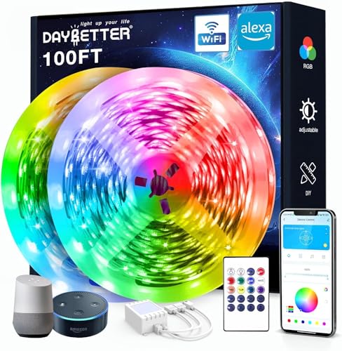 DAYBETTER 100 ft Smart WiFi Led Lights, Led Strip Lights Work with Alexa and Google Assistant, App Voice Remote Control Music Sync Color Changing RGB Strip Lighting for Bedroom Room Decor, 50 ft *2 - size: 100FT