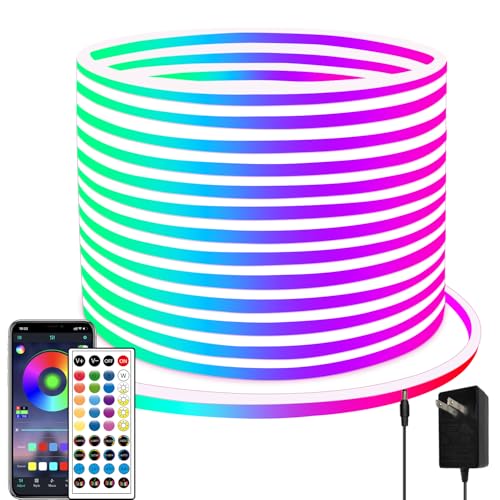 65.6FT Neon Rope Light,IP65 Waterproof RGB LED Strip Lights,Neon LED Lights with 40 Key Remote and APP Control for DIY Design,Multiple Modes for Bedroom,Holiday Decor（with Snap &Screws） | Neon LED Lights with 40 Key Remote and APP Control for DIY Design,M