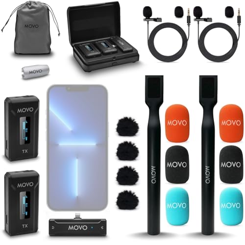 Movo WMX-2-L-Duo Dual Wireless Lavalier Microphone for iPhone/Lightning Devices with WMX-HM Handheld Adapter - Lapel Mic with Handle Mount for Content Creators, Interviews, Reporting - style: Lightning DUO