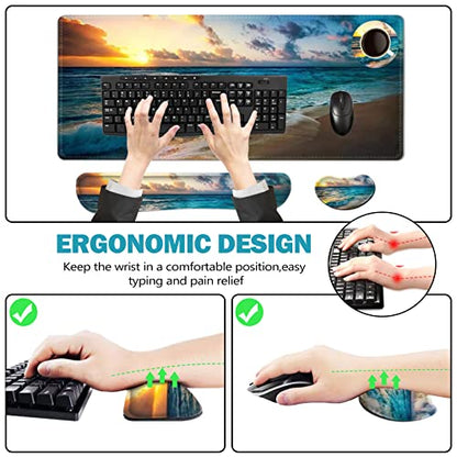 ToLuLu Mouse Pad, Memory Foam Ergonomic Keyboard Mouse Wrist Rest Support | Large Extended Gaming Desk Mat with Stitched Edges, Non-Slip Base Mousepad Set for Home Office Game and Study, Beach Sunset - color: Sunset Sea Beach