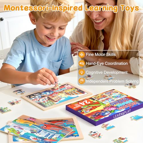 4 Pack Wooden Vehicle Jigsaw Puzzles for Kids Ages 2-4 Toddler Puzzles Gift | Sensory Toys, Preschool Educational Toys, Toddler Puzzles Gift for 3 4 5 Year Old Boys Girls - color: Vehicles