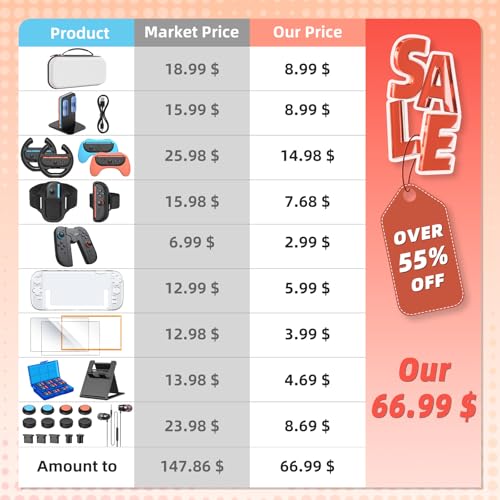 Switch 2 Accessories Bundle, 30-in-1 Kit for Nintendo Switch 2, White | Carrying Case, Controller Charger Dock, Grips for JoyCon, Steering Wheels, Wrist &Leg Strap, Switch 2 Console Protective Case - color: White (30Pcs)