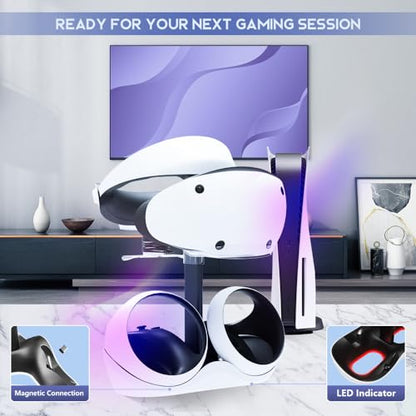 Charging Station for PSVR 2, Multifunction PSVR2 Stand with 7 RGB Light, Headset Display Stand, Dual Controllers Charger Dock, Magnetic Connector, Type-C Cable
