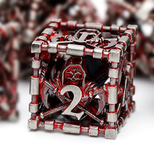 Hollow Grim Reaper Metal DND Dice Set,7-Piece Polyhedral RPG Dice, 3D Hollow Skeleton Design (Blood Red Numbers) - color: Grim Reaper Blood