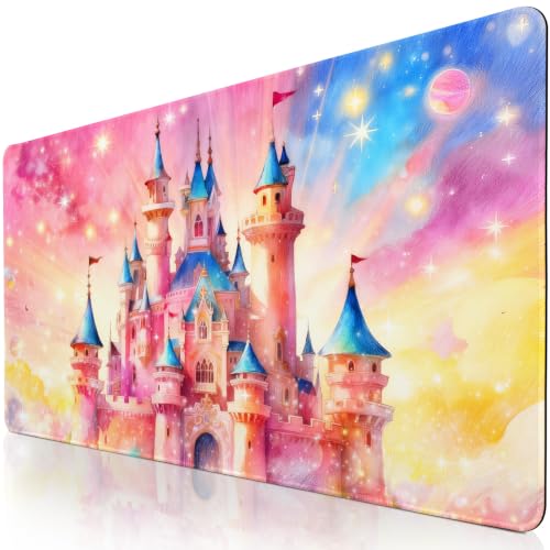 Desk Pad Castle XXL Large Gaming Mouse Pad Fairy Girly Desk Mat 31.5×15.7" | Anti-Slip Women Girl Mousepad with Stitched Edges, Keyboard Mouse Mat for PC,Desktop Compter, Laptop, Work, Office - color: Fairytale Castle, size: 31.5L x 15.7W inches
