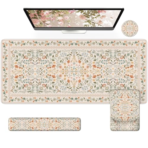 iCasso Mouse Pad with Wrist Rest,Ergonomic Large Desk Mat Set, Beige | Keyboard Pad with Wrist Support, Non-Slip Mouse Mat for Women, Cute Floral Computer Mat for Home Office Gaming - color: Beige