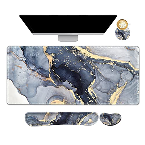 ARTSO Large Gaming Mouse Pad, Keyboard Wrist Rest Pad & Wrist Support Mousepad Set, Stitched Edge, Extended, Non-Slip Base, Memory Foam,Multifunctional Desk Mat 4pcs for Office & Home, Gilt Marble - color: Gilt Marble