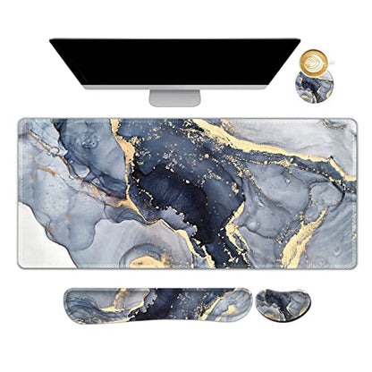 ARTSO Large Gaming Mouse Pad, Keyboard Wrist Rest Pad & Wrist Support Mousepad Set, Stitched Edge, Extended, Non-Slip Base, Memory Foam,Multifunctional Desk Mat 4pcs for Office & Home, Gilt Marble - color: Gilt Marble