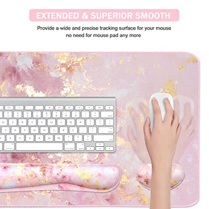 4-in-1 Large Gaming Mouse Pad, Keyboard Wrist Rest Pad & Wrist Support Mousepad Set, Extended Desk Pad Waterproof Desk Mat for Home Office Study Game-Pink Gold Marble - color: Pink Gold Marble-2