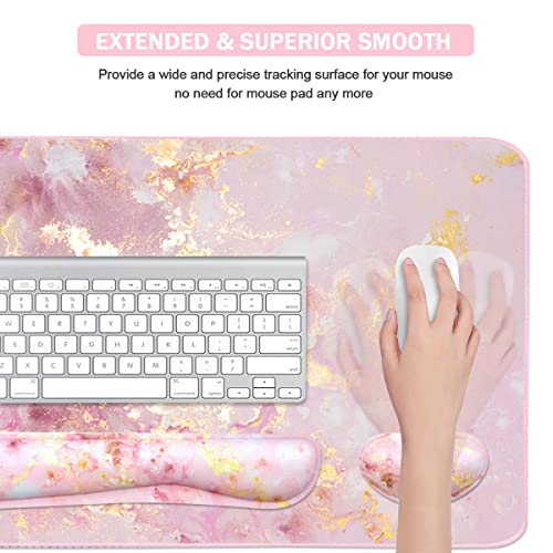 4-in-1 Large Gaming Mouse Pad, Keyboard Wrist Rest Pad & Wrist Support Mousepad Set, Extended Desk Pad Waterproof Desk Mat for Home Office Study Game-Pink Gold Marble - color: Pink Gold Marble-2