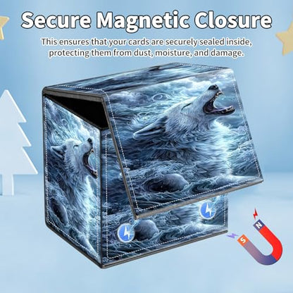 Card Deck Box for MTG Commander,Collectible Trading Storage Box Fits 120+ Single Sleeved Cards Magnetic Case PU Leather for Magic Commander TCG CCG MTG,Cloud White Wolf - color: Cloud White Wolf