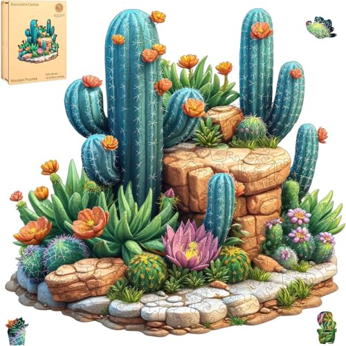 Delobil Succulent Cactus Wooden Puzzles for Adults, 500 Pieces Jigsaw Puzzles, Unique Shaped Wood Puzzle Gift for Adults and Kids, Family Game 16.7'' x 16.2'' - color: Succulent Cactus, size: 500Pcs