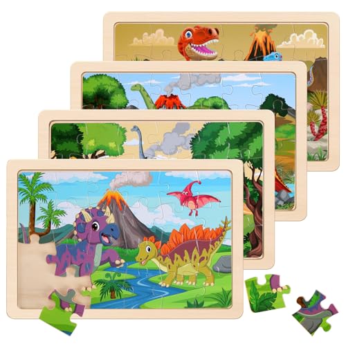 Wooden Puzzles Dinosaur Toys for Kids Ages 3-5, Set of 4 Packs with 20-Piece Wood Jigsaw Puzzles, Preschool Educational Brain Teaser Boards for Boys and Girls 3 4 5 6 Years Old - color: Dinosaur
