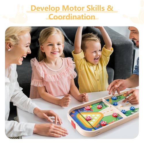 3-in-1 Wooden Tabletop Board Game - Portable Curling, Slingshot & Bowling Set for Kids & Family - Educational Montessori Toy, Screen-Free Indoor Fun, for Boys Girls Ages 3+