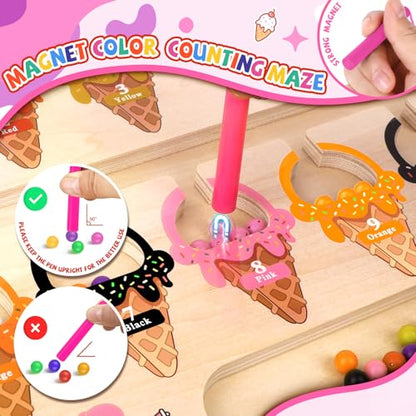 wakeInsa Magnetic Color and Number Maze,Montessori Toy for 2-5 Years Old Girls,Wooden Magnet Balls Puzzles,Toddler Busy Board Game,Preschool Learning Activities,Christmas & Birthday Gift for Kids - style: Magnet Toys - Ice Cream