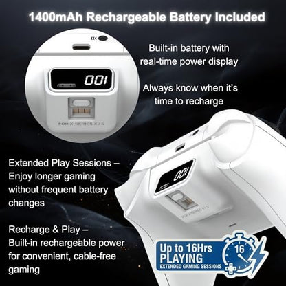 Elenai Wireless Gaming Controller Compatible with Xbox One X S, Xbox Series X S, PC, Android, Bluetooth Gamepad with 1400mAh Rechargeable Battery, LED Power Display, 3.5mm Audio Jack, Ergonomic Grip, White