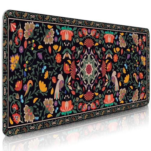 Vintage Flower Gaming Mouse Pad, Large Computer Keyboard RetroFloral Mousepad, Mouse Mat Big Non-Slip Base Stitched Edges, Desktop Mat Decor for Home Office 15.7”x 35.4” XXL Gift for Christmas - color: Black-Vintage, size: XX-Large