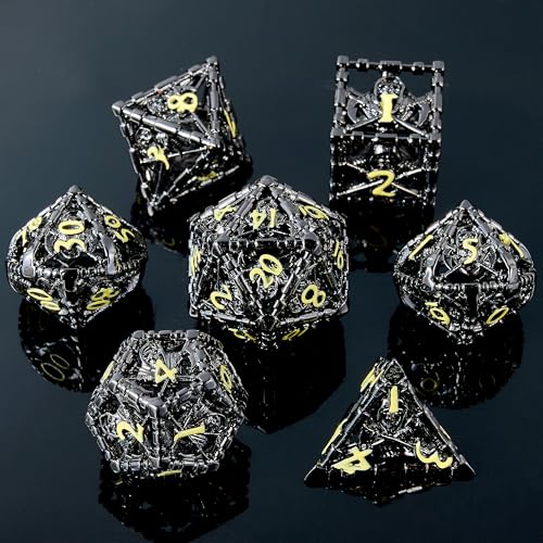 Hollow Grim Reaper Metal DND Dice Set,7-Piece Polyhedral RPG Dice,3D Hollow Wizard Skeleton Design for D&D, RPGs, MTG, and Board Games(Yellow Numbers) - color: Hollow Wizard Black