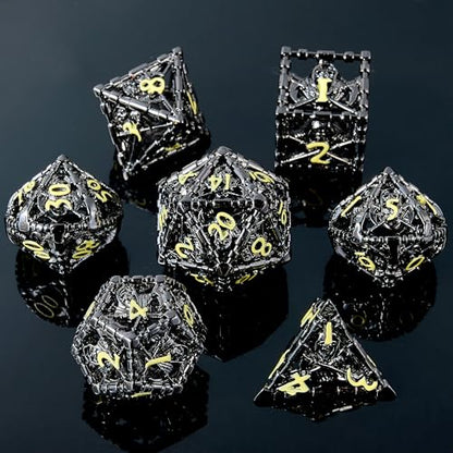 Hollow Grim Reaper Metal DND Dice Set,7-Piece Polyhedral RPG Dice,3D Hollow Wizard Skeleton Design for D&D, RPGs, MTG, and Board Games(Yellow Numbers) - color: Hollow Wizard Black