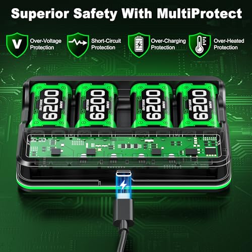 DXKK Xbox One Battery & Charger Sets - 4X 6200mWh Rechargeable Battery Pack with Touch Control LED Light for Xbox One/Series X|S Controllers, Black, L - color: Black with RGB, size: L-4 Pack 6620mWh
