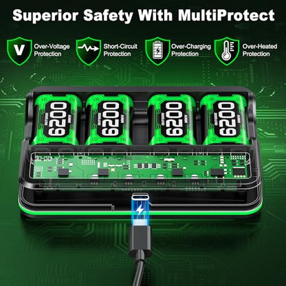 DXKK Xbox One Battery & Charger Sets - 4X 6200mWh Rechargeable Battery Pack with Touch Control LED Light for Xbox One/Series X|S Controllers, Black, L - color: Black with RGB, size: L-4 Pack 6620mWh