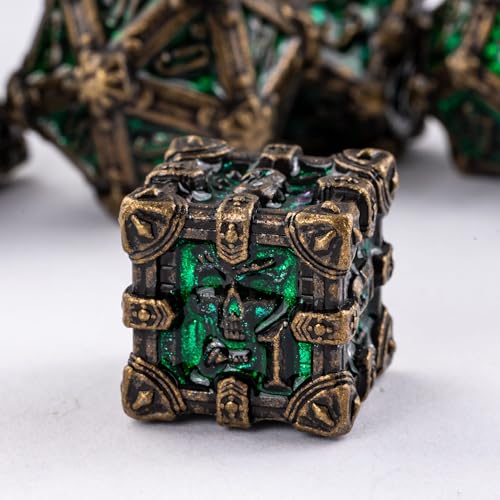 Metal Skull Dice Set with Skull Bag,7PCS Polyhedral Metal Dice Set for DND Role Playing Games(Bronze Green) - color: Skull Bronze Green