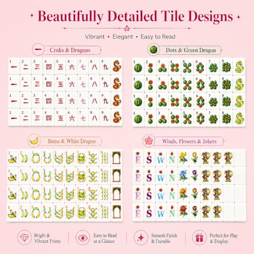 Pink American Mahjong Set, 160 Pink-Back Mah Jongg Tiles, Compact 1.2 x 0.8 x 0.5 in Mahjong Tile Set with Fruit & Floral Designs, Dice, Scoring Chips, Dealer Marker, Rule Cards & Floral Storage Bag