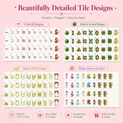 Pink American Mahjong Set, 160 Pink-Back Mah Jongg Tiles, Compact 1.2 x 0.8 x 0.5 in Mahjong Tile Set with Fruit & Floral Designs, Dice, Scoring Chips, Dealer Marker, Rule Cards & Floral Storage Bag