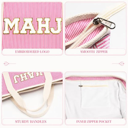 American Pink Mahjong Bag Set, 3 Empty Pcs of Mahjong Rack Storage Bags with Pink Stripes, Mahjong Tile Bag for Women Mahjong Lover or Man Party Supplies