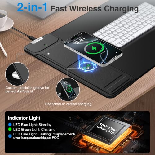 Mouse Pad with Wireless Charging & Foldable Phone Holder, 27.5"x11.8" Black | Desk Protector with Stitched Edges, Non-Slip Base, Laptop Desk Mat, Waterproof Writing Pad for Office & Home - color: Black-Phone Holder-27.5"x11.8"