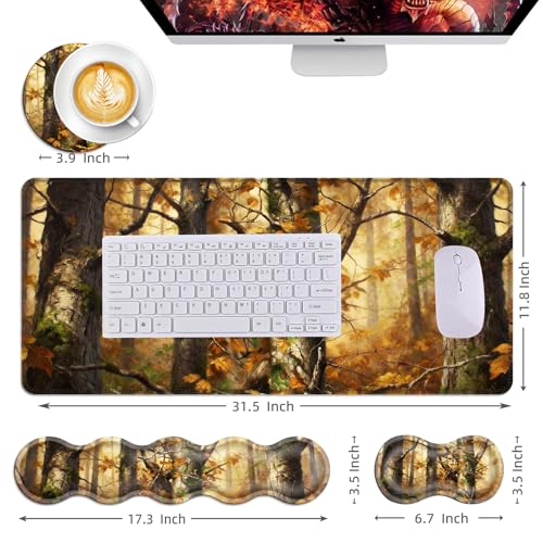 Mouse Pad,Large Desk Mat Set, 4in1 XL Mousepad + Keyboard Wrist Rest+Mouse Wrist Rest+Coaster with Ergonomic Desk Pad for Home Office Table Computer Cover -Forest Camouflage - color: Forest Camouflage