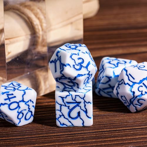 DND Dice Set, 7PCS Crackle Design Polyhedral Dice Set D&D for Role Playing Game and Other Tabletop Games（White） | Leather Storage Bag, DM Gift, for Dungeons and Dragons Role Playing Games - color: Crackle-blue