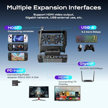 3 Speed Dual Magnetic Cooling Fan Steam Deck Docking Station for ROG Ally X | 6 in 1 Steam Deck Accessories for Legion Go/MSI Claw and Switch 2, 4K@144Hz, USB 3.2, PD100W, Ethernet Fit Steam Deck Dock - size: Magnetic cooling fan