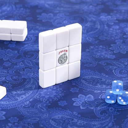 American Mahjong Game Set, 166 White Tiles, 4 Transparent All-in-One Rack/Pushers, Complete Mahjong Tile Set, Blue-Red Printed Carrying Bag - color: Blue-red
