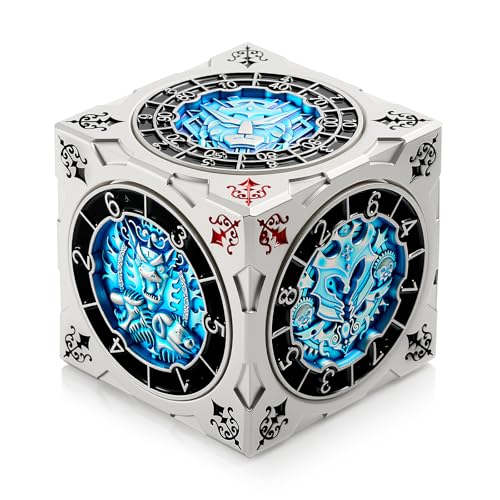 DNDND 7-in-1 Spinner Dice Cube with Gift Box – Goristro and Couatl Themed D&D Collector's Set for TTRPG, Ideal Gift for Dungeon Masters and Players (Silver & Blue ) - color: Silver Blue