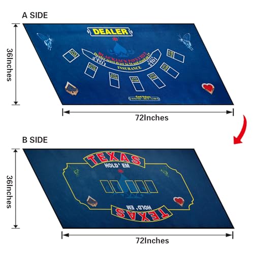 2-in-1 Casino Night Poker Mat, 36"x72" Double-Sided Texas Hold'em & Blackjack Felt Table Cover, Non-Slip Steel Clamps Included, Perfect for Game Night, Home & Casino Parties - color: Blue