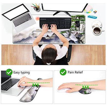 AIMSA Large Gaming Mouse Pad Set, Keyboard Wrist Rest Support + Extended Mouse Pad + Mouse Wrist Cushion + Coaster, Ergonomic Memory Foam Desk Mat 35x15.7in Anti-Slip Base (Pine Tree Mountains) - color: Pine Tree Mountains