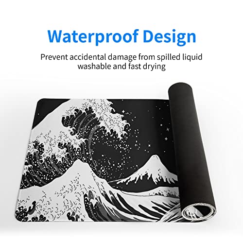 Black and White Japanese Wave Dragon Gaming Mouse Pad - Abstract Mat with Non-Slip Rubber Base, 31.5x11.8 Inch, Stitched Edges - Desk Pad for Office and Home - color: Japanese Waves Sea Dragon