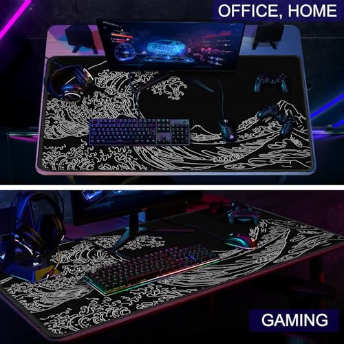 Large Gaming Mouse Pad, XXL Extended Keyboard Mouse Mat with Stitched Edges | 31.5" x 15.7" Non-Slip Waterproof Rubber Base Long Mousepad for Work, Game, Office, Home, Waves Line - color: Waves Line