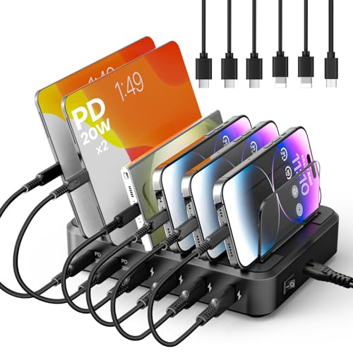 Charging Station for Multiple Devices,65W 6 Port Multi USB C Fast Charger Station with 6 Mixed Charging Cables,Charging Dock Compatible with iPhone iPad,Cell Phone,Tablets Android and More