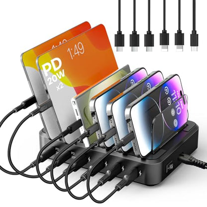 Charging Station for Multiple Devices,65W 6 Port Multi USB C Fast Charger Station with 6 Mixed Charging Cables,Charging Dock Compatible with iPhone iPad,Cell Phone,Tablets Android and More